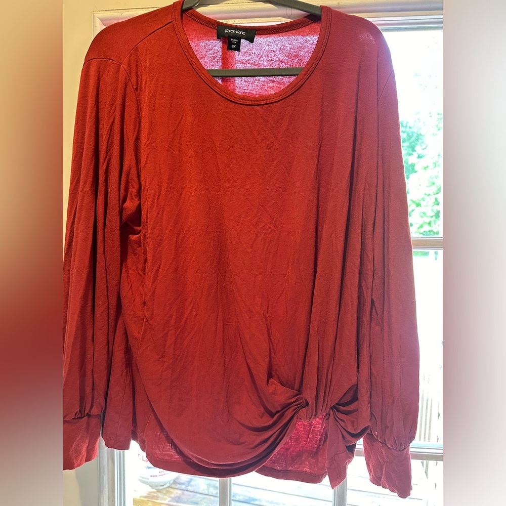 𝅺✨KAREN Kane Blouse Rustic Red Blouse Thin! Bottom Knot, Long-Sleeves